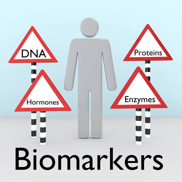 概念を含む道路標識に囲まれた男のシルエットの3Dイラスト Dna タンパク質 ホルモン バイオマーカーとしてタイトル — ストック写真