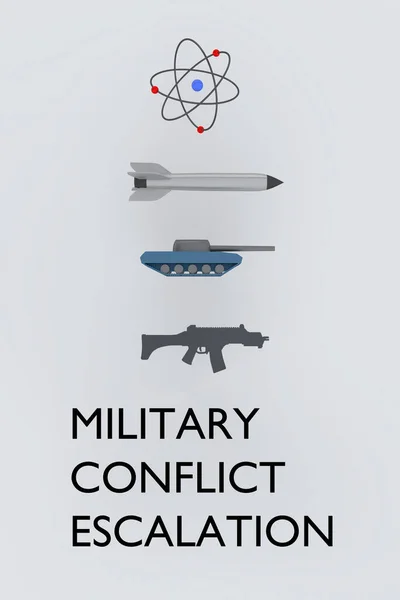 3D illustration of gun; tank; rocket and atom - resembling armed conflict between two states, titled as MILITARY CONFLICT ESCALATION.
