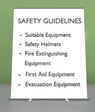 Ana güvenlik yönergelerini gösteren 3 boyutlu görüntü: uygun ekipmanlar, güvenlik kaskları, yangın söndürme ekipmanları, ilk yardım ekipmanları, tahliye ekipmanları.