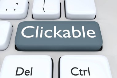 Bir tuş üzerinde betik CLICKable ile pc klavyesinin 3B illüstrasyonu