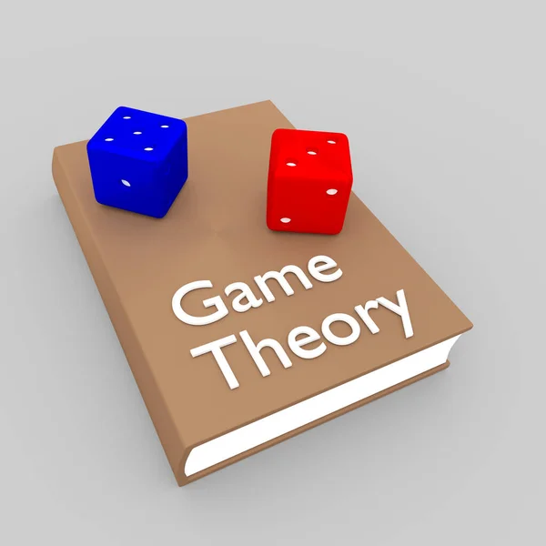 3D illustration of two dices on a book, titled as Game Theory.