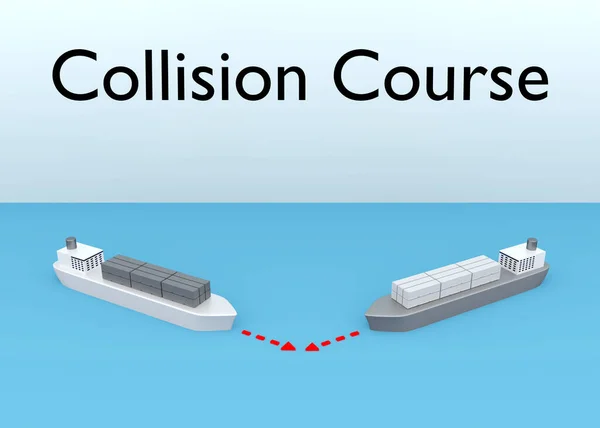 3D illustration of two container ships, approaching to each other in collision risk.