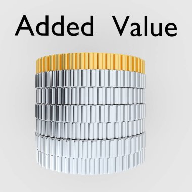 3 boyutlu bir altın madeni para çizimi 6 gümüş para yığınının üstünde, adı Ek Değer.