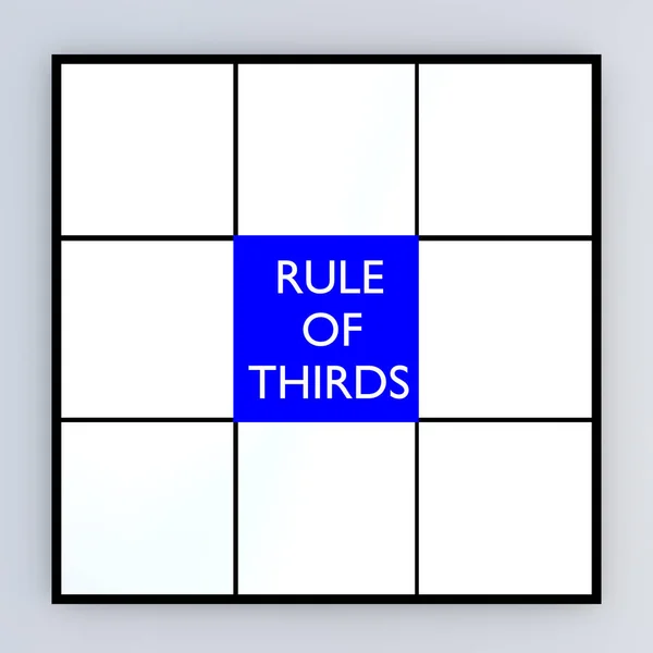 3D illustration of a white square divided into nine equal squares, with a blue center containing the text RULE OF THIRDS.