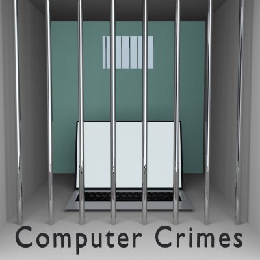 Bir hapishane hücresindeki sembolik dizüstü bilgisayarın 3 boyutlu çizimi, Bilgisayar Suçları olarak adlandırılıyor.