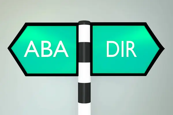 3D illustration of two road signs pointing to opposite directions. On the left: the abbreviation ABA (Applied Behavioral Analysis), on the right: the abbreviation DIR (Developmental, Individual-differences, Relationship).