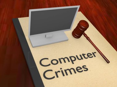 Bilgisayar Suçları başlıklı yasal kitapçığın başındaki yargıç tokmağının yanında bir bilgisayar ekranının 3 boyutlu çizimi.