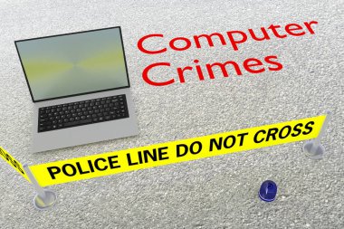 Bilgisayar Suçları başlıklı bir dizüstü bilgisayarın üç boyutlu çizimi, bir polis arenasında yere yerleştirildi.