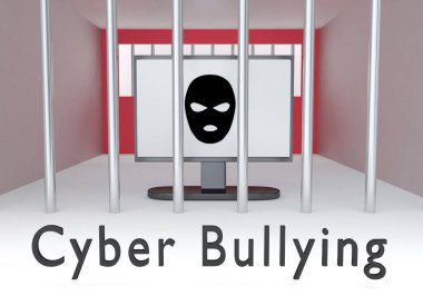 Bir hapishane hücresindeki bilgisayar ekranında bir soyguncunun 3 boyutlu görüntüsü, adı Siber Zorbalık..