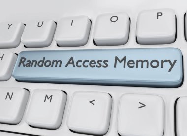 Bir tuş üzerinde betik Rastgele Erişim Belleği ile pc klavyesinin 3B illüstrasyonu