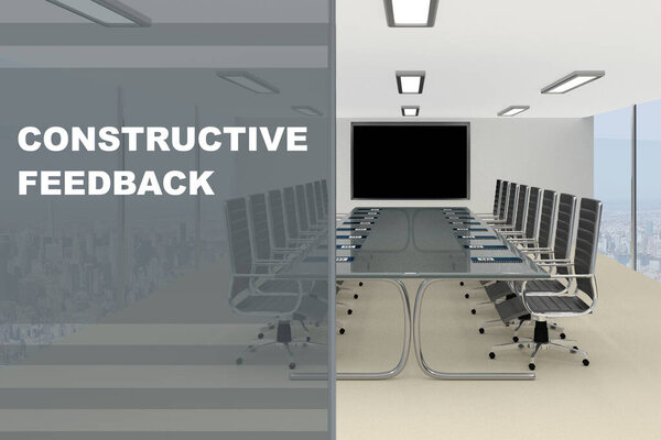 3D illustration of CONSTRUCTIVE FEEDBACK title on a glass partition of a conference room