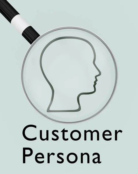3D illustration of magnifying glass over a human silhouette, titled as Customer Persona.