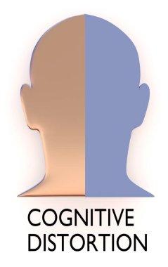 COGNITIVE DisISORTION olarak adlandırılan iki parçaya bölünmüş bir insan kafası siluetinin 3 boyutlu çizimi.