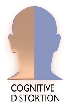 3D illustration of a human head silhouette divided into two parts, titled as COGNITIVE DISORTION. clipart