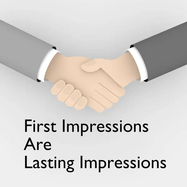 3D illustration of handshake titled as First Impressions Are Lasting Impressions, isolated pale gray.