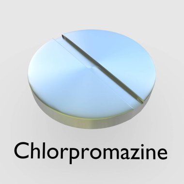 3D illustration a pale blue pill, titled Chlorpromazine. clipart