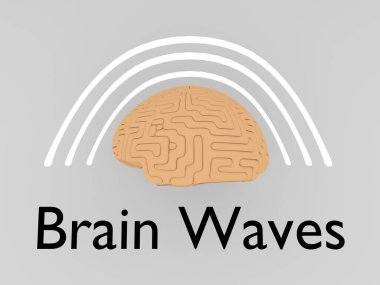3 boyutlu beyin dalgaları betiği insan beyninin altında, soluk gri üzerinde izole edilmiş sembolik dalgalarla birlikte..