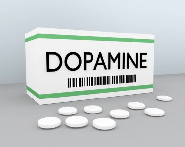 İlaç kutusunun üzerindeki DOPAMINE başlığının 3 boyutlu çizimi, soluk mavi arkaplana sahip gri bir yüzeye saçılmış bazı yığınlarla birlikte.