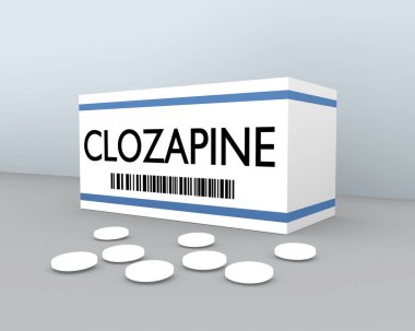 Bir ilaç kutusunun üzerindeki CLOZAPINE 'ın 3 boyutlu çizimi, soluk mavi arka planlı gri bir yüzeye saçılmış bazı yığınlarla birlikte..