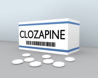 3D illustration of CLOZAPINE print on a pill box, along with some piles scattered on a gray surface with pale blue background. clipart