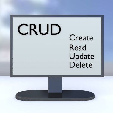 CRUD metnini gösteren bir PC ekranının 3B illüstrasyonu (Oluştur, Oku, Güncelle ve Sil).