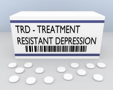 İlaç kutusundaki 3 boyutlu tedaviye dirençli depresyon izinin çizimi, gri bir yüzeye serpilmiş mavi arkaplanlı bazı yığınlarla birlikte..