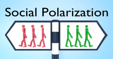 3D illustration of two road signs pointing to opposite directions. on the right: three green human silhouettes, on the left: three red human silhouettes. clipart