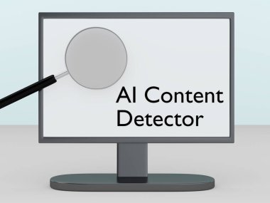 3D illustration of a magnifying glass on PC screen, along with the text AI Content Detector. clipart