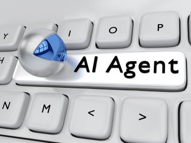 Bilgisayar klavyesindeki sembolik robot kafanın üç boyutlu çizimi, Gri düğmedeki Al Agent ile birlikte..