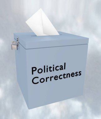 Önünde Politik Doğruluk betiği olan bir oy sandığının 3B çizimi