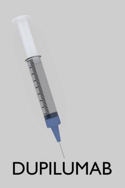Gri zemin üzerinde izole edilmiş, Dupilumab olarak adlandırılan bir şırınganın 3 boyutlu çizimi.