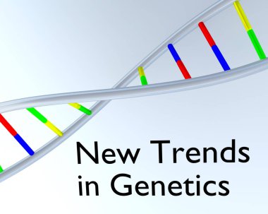 Genetik metindeki Yeni Eğilimlerin 3 boyutlu çizimi, gri desen üzerinde izole edilmiş bir DNA çift sarmalının altında
