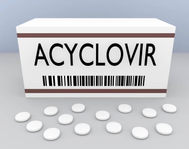Bir ilaç kutusunun üzerindeki ACYCLOVIR 'ın üç boyutlu çizimi, gri bir yüzeye serpiştirilmiş, mavimsi bir arka plan..