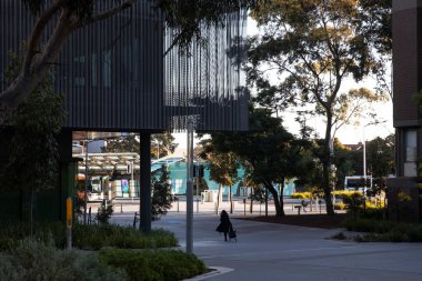 Genç bir kadın üniversite bahçesinde yürüyor, yakındaki otobüs durağına doğru gidiyor..