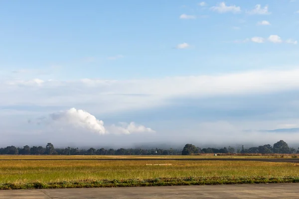 Mist covers an airport runway in the lush green landscape, creating a serene and picturesque scene.