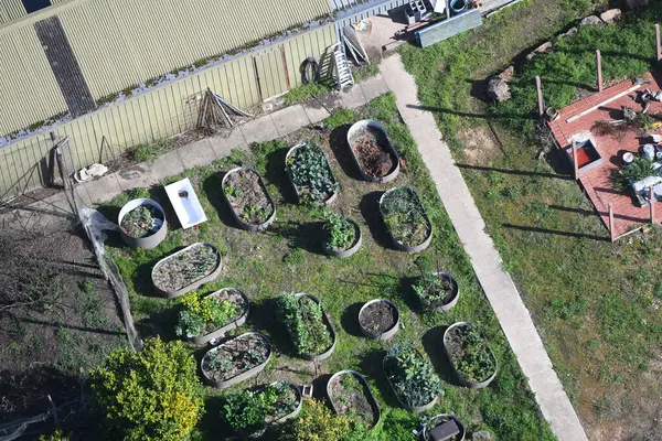 Aerial view of planter boxes in a suburban garden, adding greenery to a residential area.