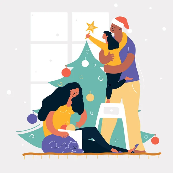 Οικογένεια Στολίζει Ένα Χριστουγεννιάτικο Δέντρο Σχεδιασμός Επίπεδου Διανύσματος — Διανυσματικό Αρχείο
