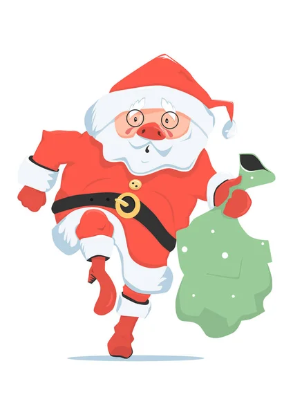 Cartoon Santa Claus Running Bag Full Gifts Vector — Stock Vector
