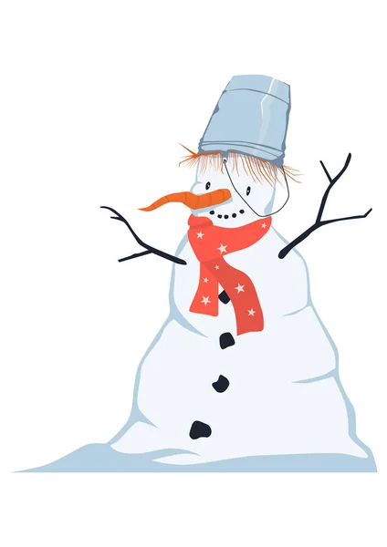 Мультфильм Снеговик Морковным Носом Ведром Голове Вектор — стоковый вектор