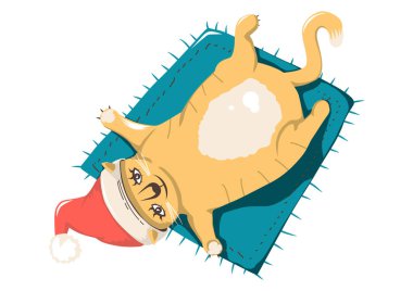 Noel Baba şapkalı bir çizgi film kedisi sırtında yatıyor. Vektör.