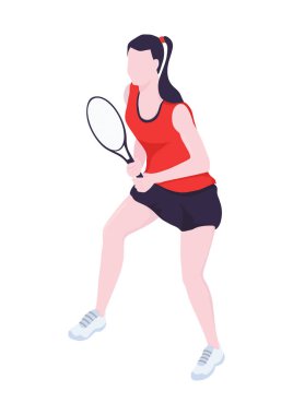 Tenis oynayan bir kadın. Isometric düz vektör tasarımı.