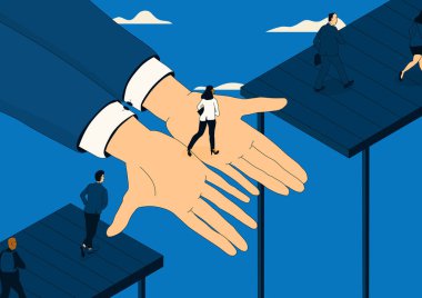 Bir grup insan yardım eden dev ellerle yıkılmış köprüyü geçiyor. Destek ve yardım kavramı. Vektör.