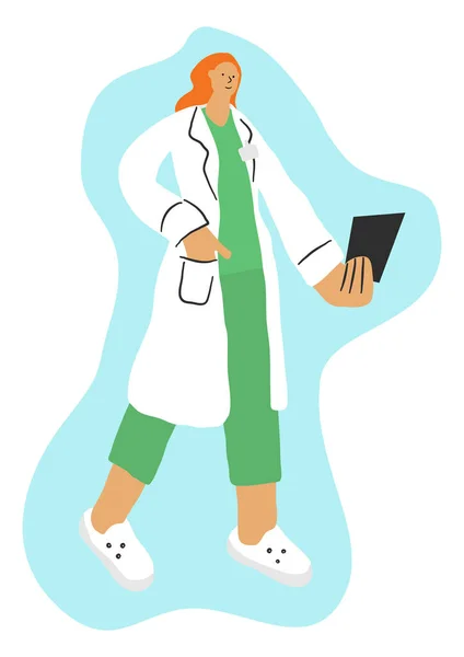 Kvinnlig Läkare Som Tittar Skärmen Tablett Som Hon Håller Handen — Stock vektor