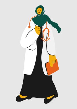 Laboratuvar önlüğü ve tesettür giyen arkadaş canlısı bir kadın doktor. Biçimlendirilmiş vektör karakteri.
