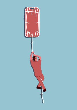 Bir adam akıllı telefon bağımlılığından kurtulmaya çalışıyor. Sınırlı renkler, minimalist vektör illüstrasyonu.