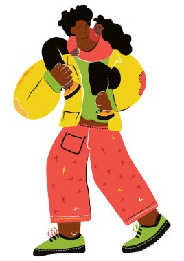 Babalar Günü. Kız, babasının omuzlarında oturuyor. Şekil verilmiş vektör karakterleri. Eğim yok.