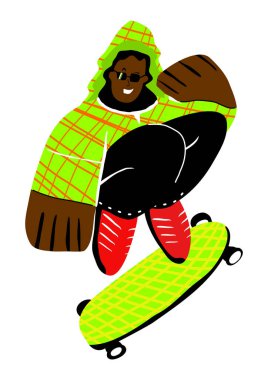 Bir kaykaycı aktif olarak zaman geçirir ve serotonin hormonu artar. Şekillendirilmiş vektör karakteri. Eğim yok.