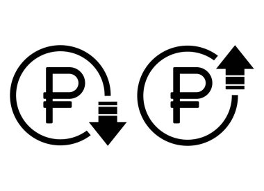 Maliyet sembolü seti ruble artışı ve azalma simgesi. Para vektörü sembolü arkaplanda izole edildi .