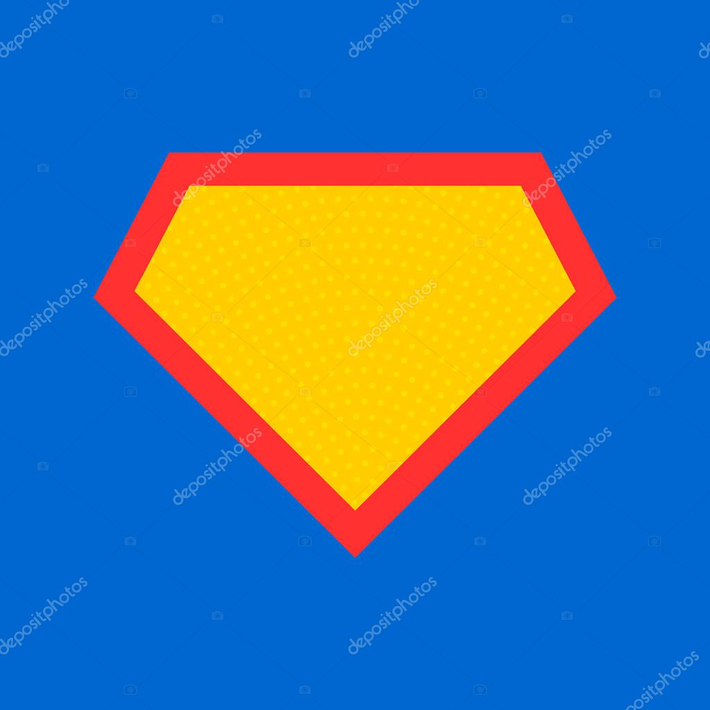 Comic hero icon, symbol shield. Isolated vector on blue background .