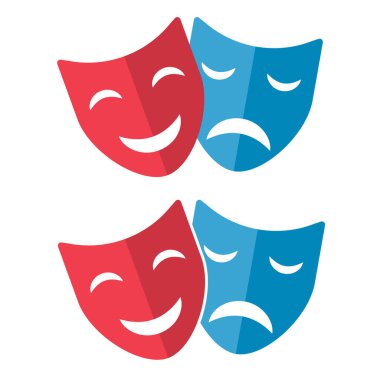 Tiyatronun yüz maskesi ikonu, duygu aktörü komedi ve drama sembolü, festival işareti vektör illüstrasyonu .